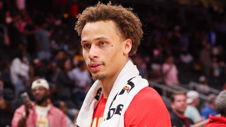 Atlanta Hawks guard Dyson Daniels (5) walks off the court after a victory over the Golden State Warriors at State Farm Arena on March 21, 2026.