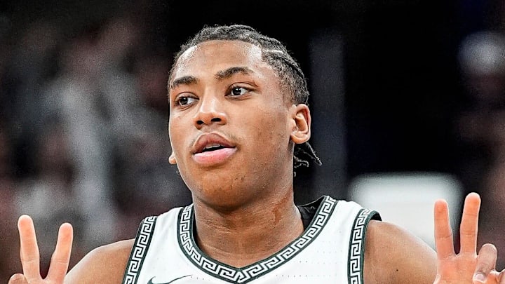 Michigan State guard Jeremy Fears Jr. celebrates a 3-pointer against UCLA during the first half of a Big Ten tournament quarterfinal at United Center in Chicago on Friday, March 13, 2026.