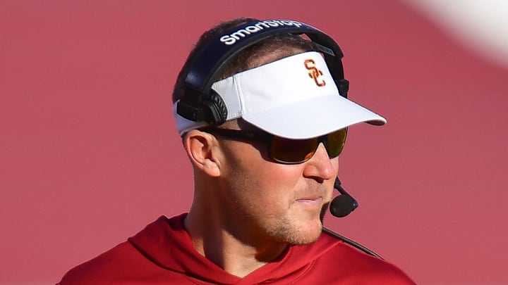 Nov 16, 2024; Los Angeles, California, USA; Southern California Trojans head coach Lincoln Riley watches game action against the Nebraska Cornhuskers during the second half at the Los Angeles Memorial Coliseum. Mandatory Credit: Gary A. Vasquez-Imagn Images