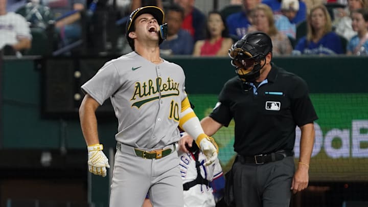July 21, 2025; Arlington, Texas, USA; Athletics third baseman Max Muncy (10) reacts after being hit by a pitch during the fifth inning against the Texas Rangers at Globe Life Field. Mandatory Credit: Raymond Carlin III-Imagn Images July 21, 2025; Arlington, Texas, USA; Athletics third baseman Max Muncy (10) reacts after being hit by a pitch during the fifth inning against the Texas Rangers at Globe Life Field. Mandatory Credit: Raymond Carlin III-Imagn Images