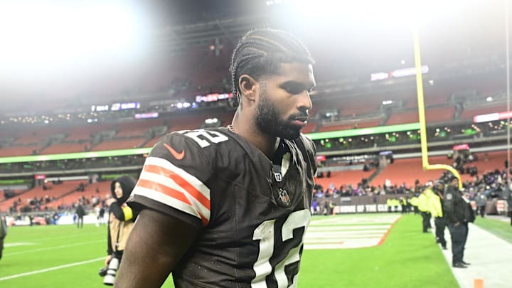 Nov 16, 2025; Cleveland, Ohio, USA; Cleveland Browns quarterback Shedeur Sanders (12) walks off the field following a game against the Baltimore Ravens at Huntington Bank Field. Mandatory Credit: Ken Blaze-Imagn Images