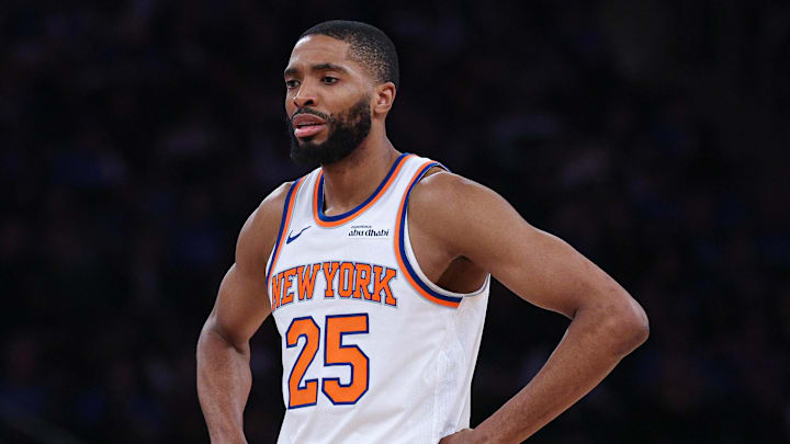 Apr 18, 2026; New York, New York, USA; New York Knicks guard Mikal Bridges (25) looks on during the first half of the 2026 NBA Playoffs against the Atlanta Hawks at Madison Square Garden. Mandatory Credit: Vincent Carchietta-Imagn Images