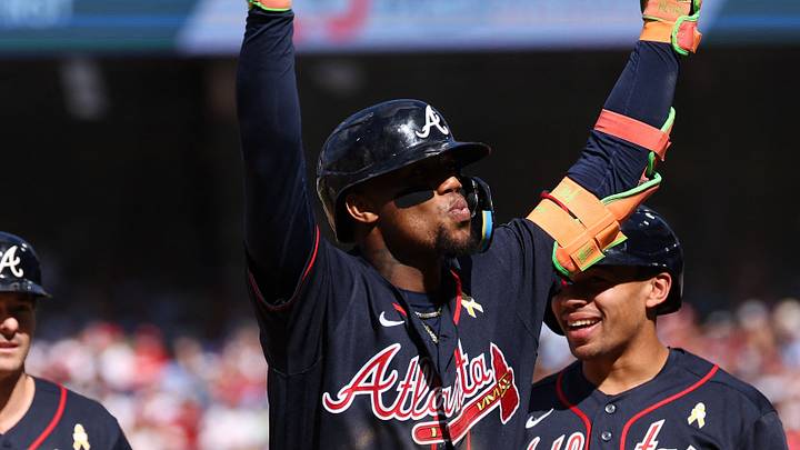 Sep 6, 2026; Philadelphia, Pennsylvania, USA; Atlanta Braves right fielder Ronald Acuna Jr. (13) reacts after hitting a three RBI home run against the Philadelphia Phillies during the eighth inning at Citizens Bank Park. Mandatory Credit: Bill Streicher-Imagn Images