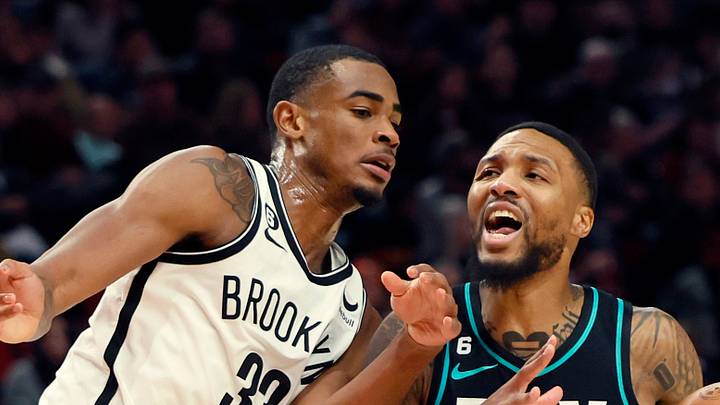 Portland Trail Blazers point guard Damian Lillard is fouled while shooting by Brooklyn Nets power forward Nic Claxton. Portland Trail Blazers point guard Damian Lillard is fouled while shooting by Brooklyn Nets power forward Nic Claxton.