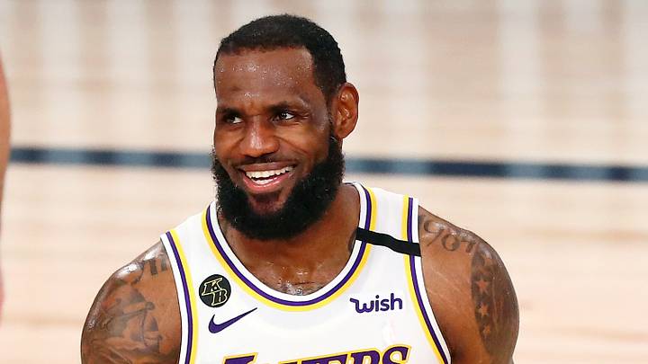 Oct 11, 2020; Lake Buena Vista, Florida, USA; Los Angeles Lakers forward LeBron James (23) smiles after a play against the Miami Heat during the fourth quarter in game six of the 2020 NBA Finals at AdventHealth Arena. The Los Angeles Lakers won 106-93 to win the series. Mandatory Credit: Kim Klement-USA TODAY Sports