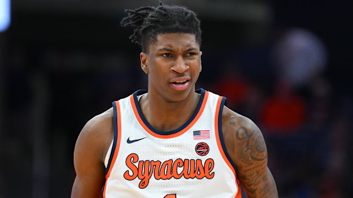 Nov 12, 2024; Syracuse, New York, USA; Syracuse Orange forward Donnie Freeman (1) reacts to a play against the Colgate Raiders during the second half at the JMA Wireless Dome. Mandatory Credit: Rich Barnes-Imagn Images Nov 12, 2024; Syracuse, New York, USA; Syracuse Orange forward Donnie Freeman (1) reacts to a play against the Colgate Raiders during the second half at the JMA Wireless Dome. Mandatory Credit: Rich Barnes-Imagn Images