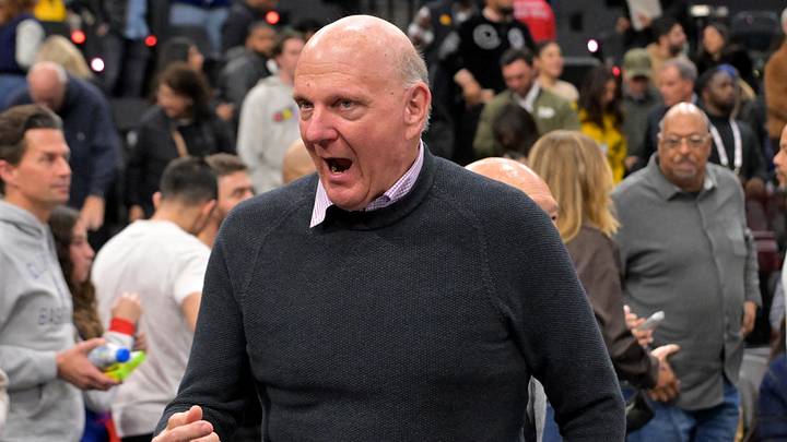 Jan 22, 2026; Inglewood, California, USA;  Los Angeles Clippers owner Steve Ballmer reacts after defeating the Los Angeles Lakers at Intuit Dome. Mandatory Credit: Jayne Kamin-Oncea-Imagn Images