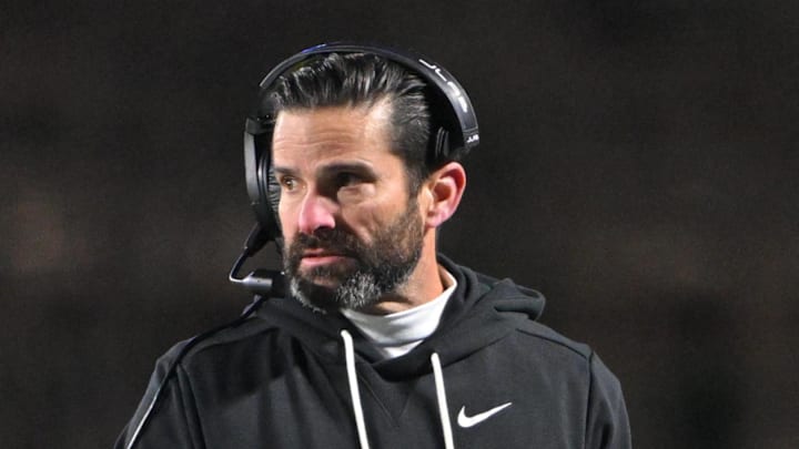 Nov 29, 2025; Durham, North Carolina, USA;  Duke Blue Devils head coach Manny Diaz looks on against the Wake Forest Demon Deacons during the fourth quarter at Wallace Wade Stadium. Mandatory Credit: Zachary Taft-Imagn Images