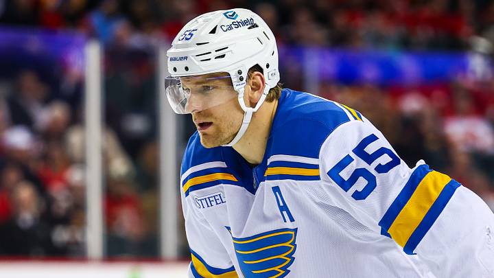 Mar 18, 2026; Calgary, Alberta, CAN; St. Louis Blues defenseman Colton Parayko (55) against the Calgary Flames during the third period at Scotiabank Saddledome. Mandatory Credit: Sergei Belski-Imagn Images