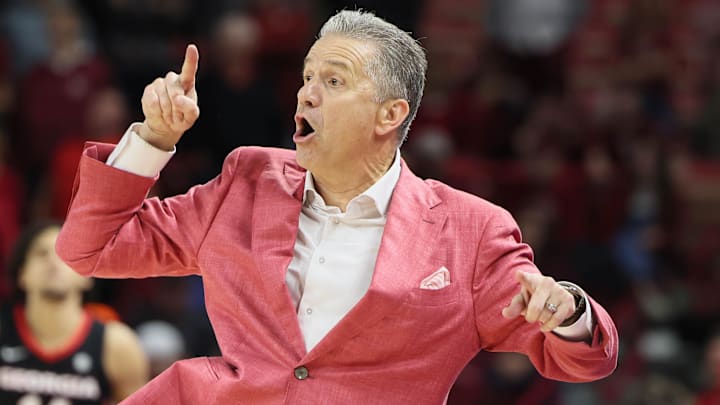 Arkansas Razorbacks coach John Calipari reacts during the second half against the Georgia Bulldogs at Bud Walton Arena. Arkansas won 68-65.