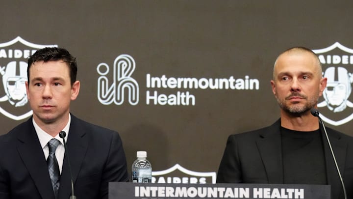 Feb 10, 2026; Henderson, NV, USA;  Las Vegas Raiders coach Klint Kubiak (left) and general manager John Spytek at introductory press conference at Intermountain Health Performance Center. Mandatory Credit: Kirby Lee-Imagn Images