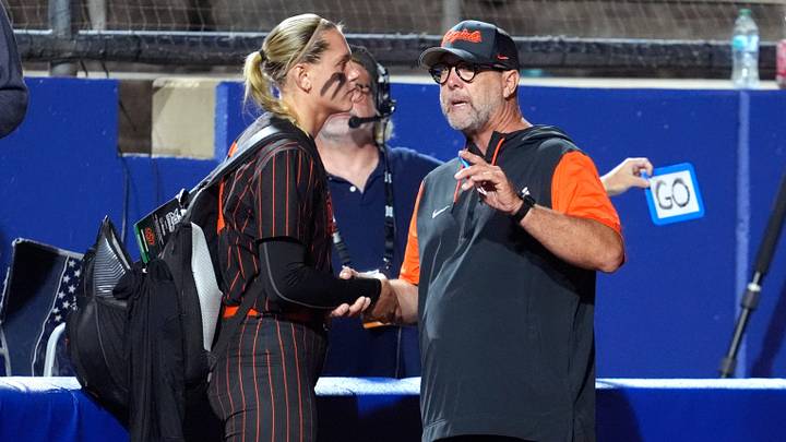 Oklahoma State coach Kenny Gajewski talks with Oklahoma State Cowgirls starting pitcher Ruby Meylan. Oklahoma State coach Kenny Gajewski talks with Oklahoma State Cowgirls starting pitcher Ruby Meylan.