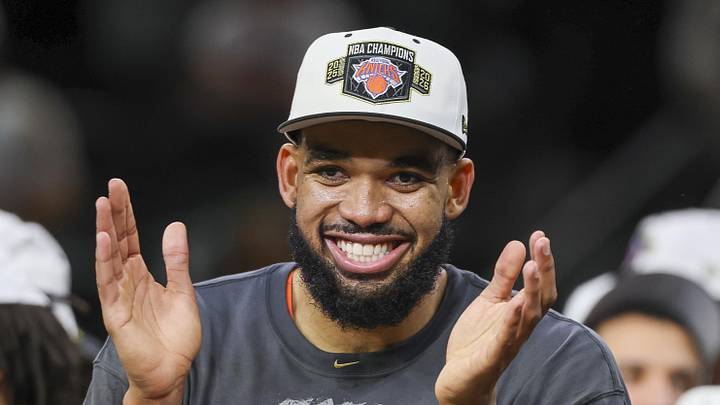 Jun 13, 2026; San Antonio, Texas, USA; New York Knicks center Karl-Anthony Towns (32) celebrates after the Knicks defeat the San Antonio Spurs during game five of the 2026 NBA Finals at Frost Bank Center. Mandatory Credit: Geoff Burke-Imagn Images