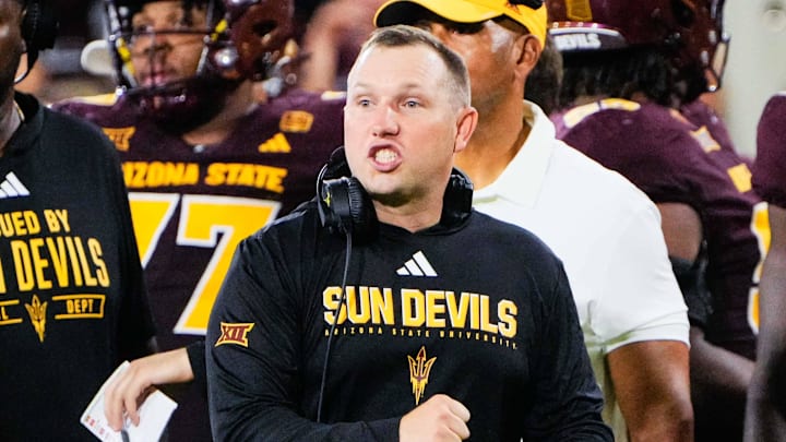 Sep 13, 2025; Tempe, Arizona, USA; Arizona State Sun Devils head coach Kenny Dillingham celebrates at Mountain America Stadium. Mandatory Credit: Arianna Grainey-Imagn Images