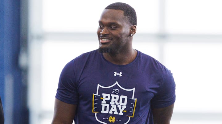 Running back Jeremiyah Love, right, during Notre Dame football's Pro Day at Irish Athletic Center on Tuesday, March 24, 2026, in South Bend.