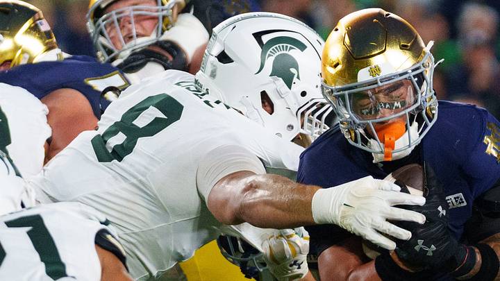 Notre Dame running back Nolan James Jr., right, runs the ball into the end zone for a touchdown during a NCAA football game against Michigan State at Notre Dame Stadium on Saturday, Sept. 19, 2026, in South Bend. Notre Dame running back Nolan James Jr., right, runs the ball into the end zone for a touchdown during a NCAA football game against Michigan State at Notre Dame Stadium on Saturday, Sept. 19, 2026, in South Bend.