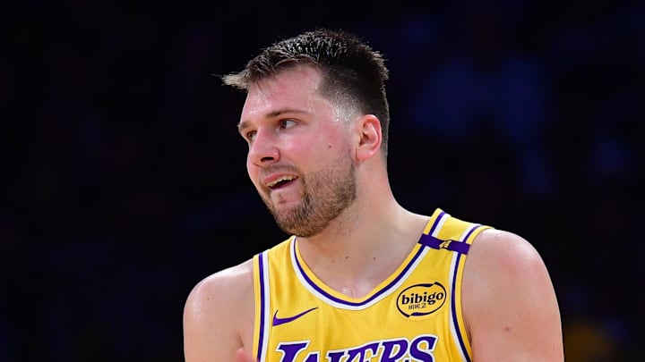 Apr 30, 2025; Los Angeles, California, USA; Los Angeles Lakers guard Luka Doncic (77) reacts during the second half in game five of first round for the 2025 NBA Playoffs at Crypto.com Arena. Mandatory Credit: Gary A. Vasquez-Imagn Images