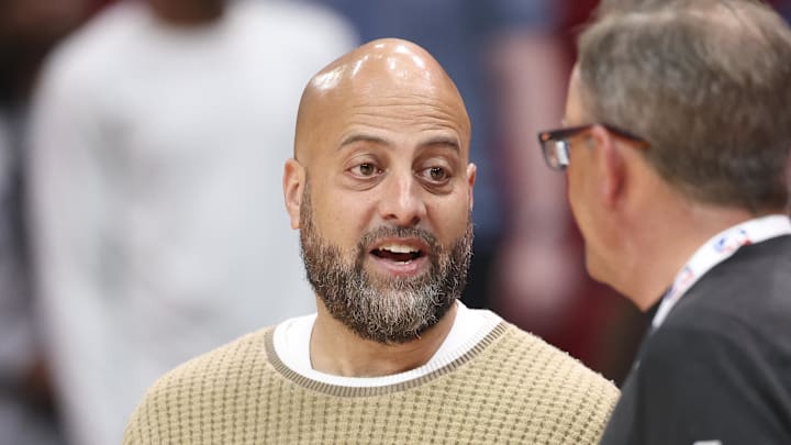 Apr 2, 2025; Houston, Texas, USA; Houston Rockets general manager Rafael Stone talks on the court before the game against the Utah Jazz at Toyota Center. Mandatory Credit: Troy Taormina-Imagn Images