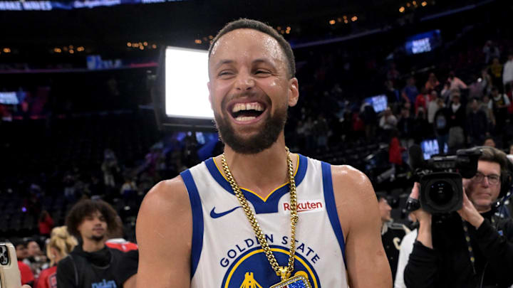 Apr 15, 2026; Inglewood, California, USA; Golden State Warriors guard Stephen Curry (30) smiles on the court after defeating the Los Angeles Clippers during the play-in rounds of the 2026 NBA Playoffs at Intuit Dome. Mandatory Credit: Jayne Kamin-Oncea-Imagn Images