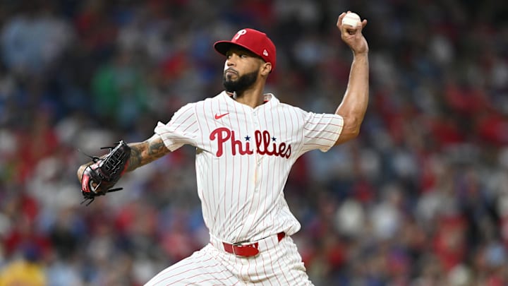 Sep 25, 2024; Philadelphia, Pennsylvania, USA; Philadelphia Phillies starting pitcher Cristopher Sanchez (61) throws a pitch against the Chicago Cubs in the fifth inning at Citizens Bank Park.