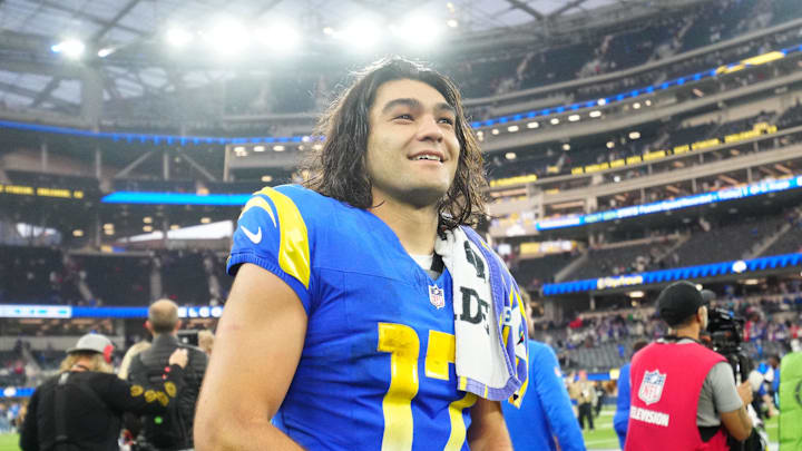 Dec 8, 2024; Inglewood, California, USA; Los Angeles Rams wide receiver Puka Nacua (17) reacts after the game against the Buffalo Bills at SoFi Stadium. Mandatory Credit: Kirby Lee-Imagn Images