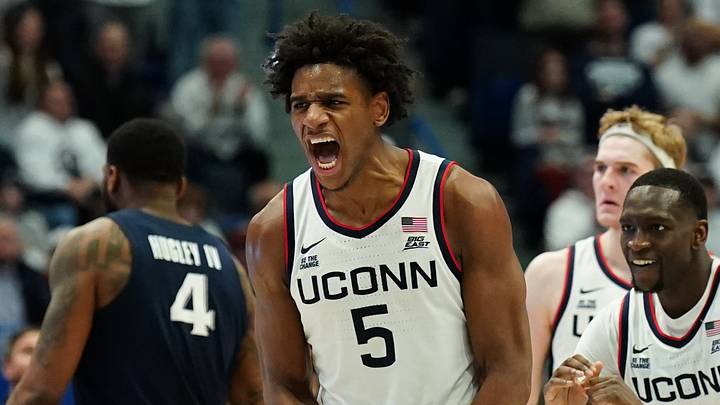 Dec 18, 2024; Storrs, Connecticut, USA; UConn Huskies center Tarris Reed Jr. (5) reacts after a play against the Xavier Musketeers in the second half at Harry A. Gampel Pavilion. Mandatory Credit: David Butler II-Imagn Images