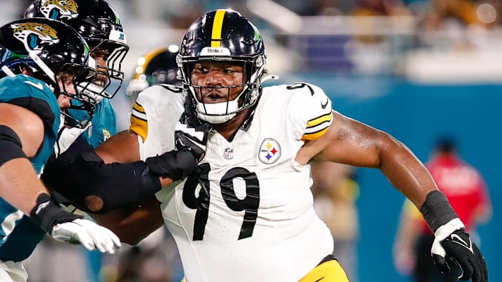 Aug 9, 2025; Jacksonville, Florida, USA; Pittsburgh Steelers defensive tackle Derrick Harmon (99) rushes the passer against the Jacksonville Jaguars during a preseason game at EverBank Stadium. Mandatory Credit: Travis Register-Imagn Images