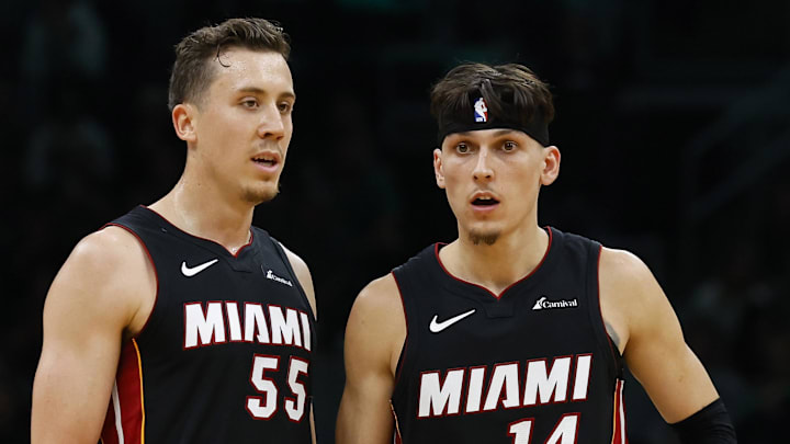 Oct 27, 2023; Boston, Massachusetts, USA; Miami Heat forward Duncan Robinson (55) and guard Tyler Herro (14) during the second half against the Boston Celtics at TD Garden. Mandatory Credit: Winslow Townson-Imagn Images Oct 27, 2023; Boston, Massachusetts, USA; Miami Heat forward Duncan Robinson (55) and guard Tyler Herro (14) during the second half against the Boston Celtics at TD Garden. Mandatory Credit: Winslow Townson-Imagn Images