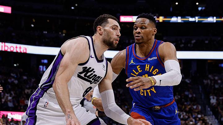 Mar 5, 2025; Denver, Colorado, USA; Sacramento Kings guard Zach LaVine (8) controls the ball under pressure from Denver Nuggets guard Russell Westbrook (4) in the fourth quarter at Ball Arena. Mandatory Credit: Isaiah J. Downing-Imagn Images Mar 5, 2025; Denver, Colorado, USA; Sacramento Kings guard Zach LaVine (8) controls the ball under pressure from Denver Nuggets guard Russell Westbrook (4) in the fourth quarter at Ball Arena. Mandatory Credit: Isaiah J. Downing-Imagn Images