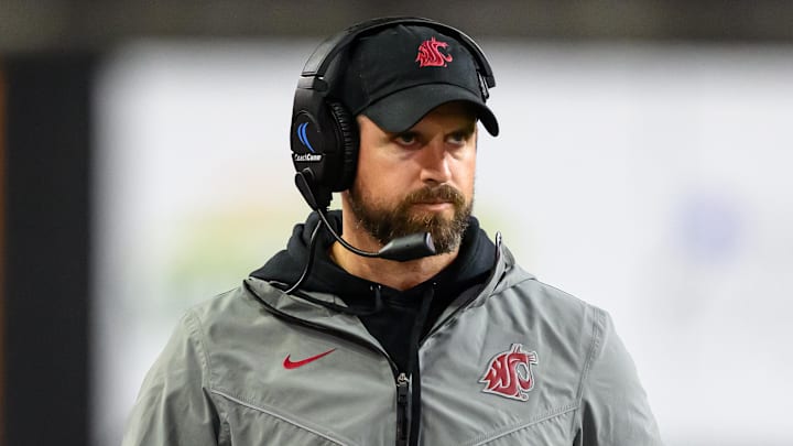 Nov 1, 2025; Corvallis, Oregon, USA; Washington State Cougars head coach Jimmy Rogers during a time out in the 4th quarter against the Oregon State Beavers at Reser Stadium. 