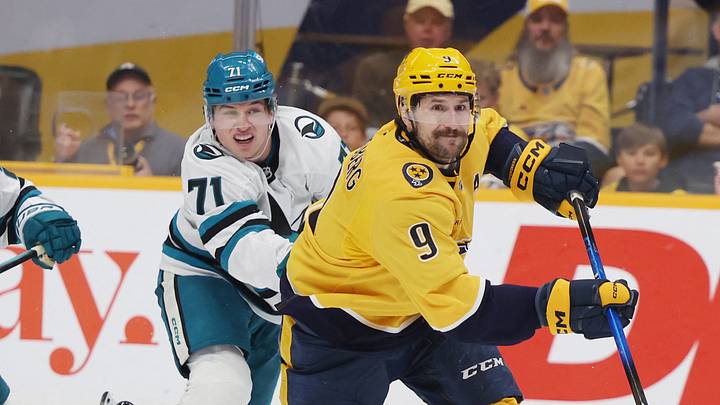 Apr 13, 2026; Nashville, Tennessee, USA; Nashville Predators left wing Filip Forsberg (9) competes for the puck with San Jose Sharks center Will Smith (2) and center Macklin Celebrini (71) during the third period of their game at Bridgestone Arena. Mandatory Credit: Alan Poizner-Imagn Images Apr 13, 2026; Nashville, Tennessee, USA; Nashville Predators left wing Filip Forsberg (9) competes for the puck with San Jose Sharks center Will Smith (2) and center Macklin Celebrini (71) during the third period of their game at Bridgestone Arena. Mandatory Credit: Alan Poizner-Imagn Images