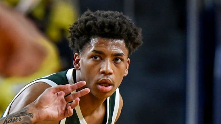 Michigan State's Jeremy Fears Jr. moves the ball against Michigan during the first half on Sunday, March 8, 2026, at the Crisler Center in Ann Arbor.