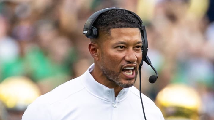 Sep 20, 2025; South Bend, Indiana, USA; Notre Dame Fighting Irish head coach Marcus Freeman celebrates a turnover by the defense against the Purdue Boilermakers during the first half at Notre Dame Stadium. 