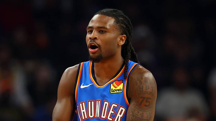 Apr 27, 2026; Phoenix, Arizona, USA; Oklahoma City Thunder guard Cason Wallace (22) against the Phoenix Suns during game four of the first round of the 2026 NBA Playoffs at Mortgage Matchup Center. Mandatory Credit: Mark J. Rebilas-Imagn Images Apr 27, 2026; Phoenix, Arizona, USA; Oklahoma City Thunder guard Cason Wallace (22) against the Phoenix Suns during game four of the first round of the 2026 NBA Playoffs at Mortgage Matchup Center. Mandatory Credit: Mark J. Rebilas-Imagn Images