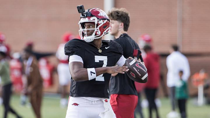 Apr 2, 2026; Fayetteville, AR, USA;  Arkansas Razorbacks quarterback KJ Jackson (7) gets ready to throw a pass during spring practice at the Arkansas Razorbacks practice facilities. Mandatory Credit: Brett Rojo-Imagn Images