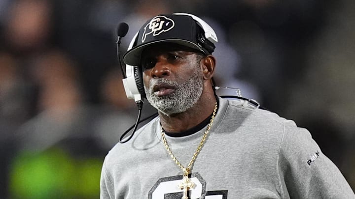 Oct 26, 2024; Boulder, Colorado, USA; Colorado Buffaloes head coach Deion Sanders walks the sidelines in the second half against the Cincinnati Bearcats at Folsom Field. Mandatory Credit: Ron Chenoy-Imagn Images