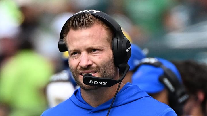 Sep 21, 2025; Philadelphia, Pennsylvania, USA; Los Angeles Rams head coach Sean McVay during the first half at Lincoln Financial Field. Mandatory Credit: Eric Hartline-Imagn Images
