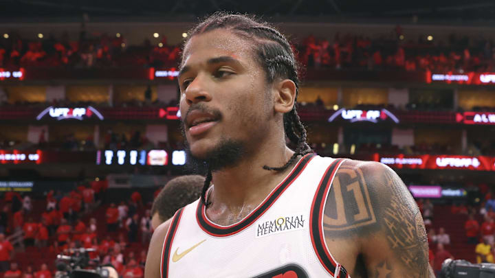 May 4, 2025; Houston, Texas, USA; Houston Rockets guard Jalen Green (4) walks off the court after game seven of the first round for the 2025 NBA Playoffs against the Golden State Warriors at Toyota Center. Mandatory Credit: Troy Taormina-Imagn Images