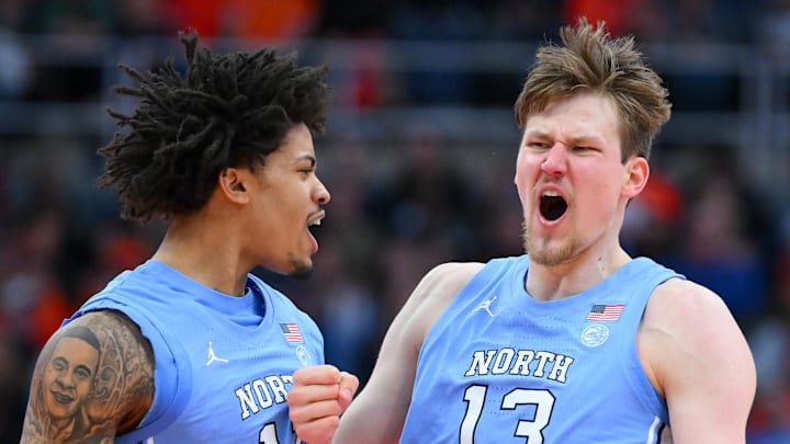 Feb 21, 2026; Syracuse, New York, USA; North Carolina Tar Heels forward Jonathan Powell (11) and center Henri Veesaar (13) react during the second half against the Syracuse Orange at the JMA Wireless Dome. Mandatory Credit: Rich Barnes-Imagn Images Feb 21, 2026; Syracuse, New York, USA; North Carolina Tar Heels forward Jonathan Powell (11) and center Henri Veesaar (13) react during the second half against the Syracuse Orange at the JMA Wireless Dome. Mandatory Credit: Rich Barnes-Imagn Images