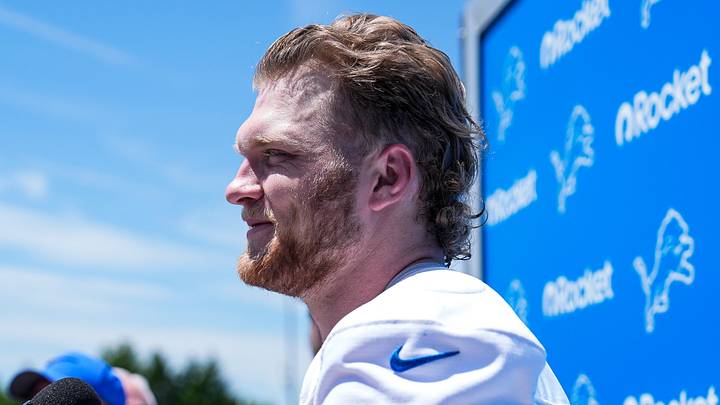 Detroit Lions defensive end Aidan Hutchinson (97) speaks to media after practice during OTAs at Meijer Performance Center in Allen Park on Friday, May 29, 2026. Detroit Lions defensive end Aidan Hutchinson (97) speaks to media after practice during OTAs at Meijer Performance Center in Allen Park on Friday, May 29, 2026.