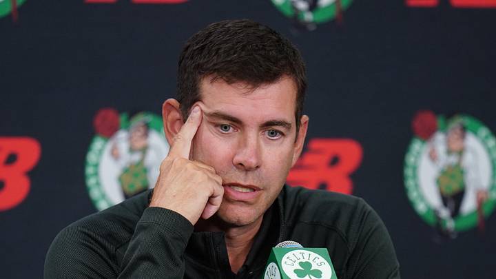 Sep 29, 2025; Boston, MA, USA; Boston Celtics president of basketball operations Brad Stevens talks to reporters during media day at the Auerbach Center. Mandatory Credit: David Butler II-Imagn Images