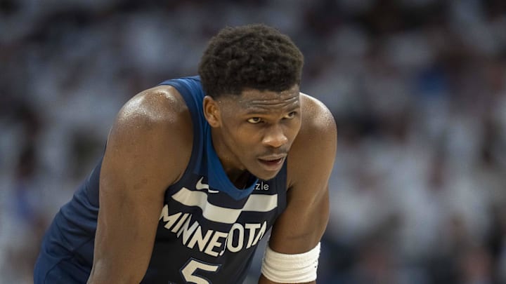 May 14, 2025; Minneapolis, Minnesota, USA; Minnesota Timberwolves guard Anthony Edwards (5) looks on against the Golden State Warriors in the first half during game five of the second round for the 2025 NBA Playoffs at Target Center. Mandatory Credit: Jesse Johnson-Imagn Images May 14, 2025; Minneapolis, Minnesota, USA; Minnesota Timberwolves guard Anthony Edwards (5) looks on against the Golden State Warriors in the first half during game five of the second round for the 2025 NBA Playoffs at Target Center. Mandatory Credit: Jesse Johnson-Imagn Images