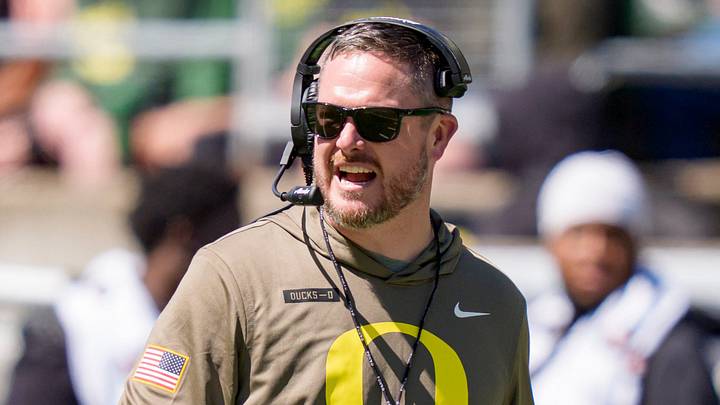 Oregon head coach Dan Lanning walks the field during the Oregon Ducks annual spring game on April 25, 2026 at Autzen Stadium in Eugene, Oregon. Oregon head coach Dan Lanning walks the field during the Oregon Ducks annual spring game on April 25, 2026 at Autzen Stadium in Eugene, Oregon.