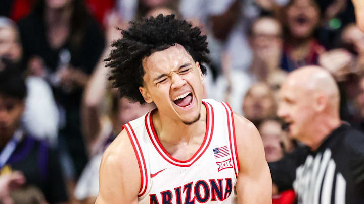 Feb 7, 2026; Tucson, Arizona, USA; Arizona Wildcats guard Brayden Burries (5) celebrates during the first half of the game against the Oklahoma State Cowboys at McKale Memorial Center. Mandatory Credit: Aryanna Frank-Imagn Images