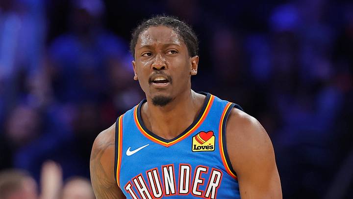 Oct 22, 2026; Oklahoma City, Oklahoma, USA; Oklahoma City Thunder guard Jalen Williams (8) reacts after a basket against the Denver Nuggets during the second half at Paycom Center. Mandatory Credit: Alonzo Adams-Imagn Images