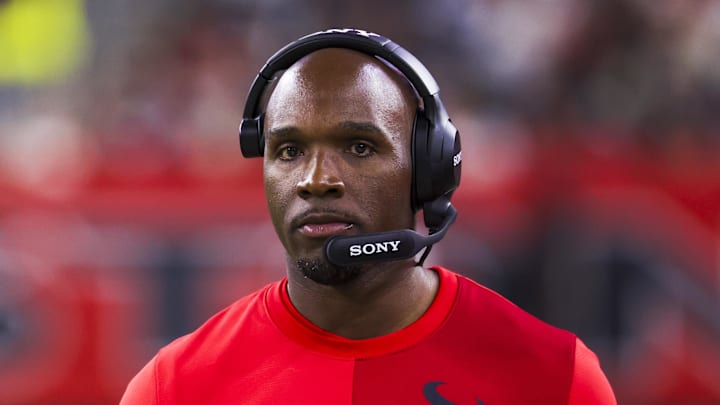 Dec 21, 2025; Houston, Texas, USA; Houston Texans head coach Demeco Ryans stands on the sidelines during the fourth quarter against the Las Vegas Raiders at NRG Stadium. Mandatory Credit: Thomas Shea-Imagn Images