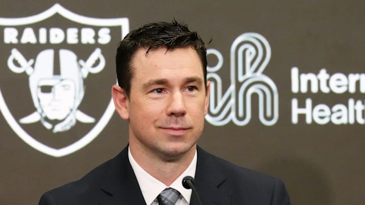 Feb 10, 2026; Henderson, NV, USA; Las Vegas Raiders coach Klint Kubiak speaks at introductory press conference at Intermountain Health Performance Center. Mandatory Credit: Kirby Lee-Imagn Images