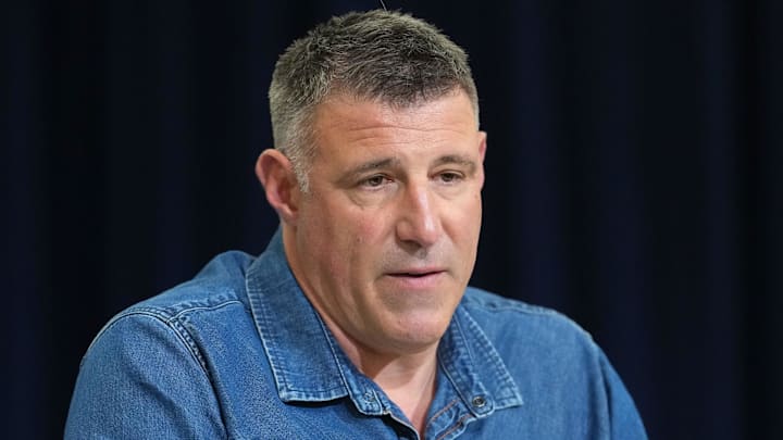 Feb 25, 2026; Indianapolis, IN, USA; New England Patriots coach Mike Vrabel speaks during the NFL Scouting Combine at the Indiana Convention Center. Mandatory Credit: Kirby Lee-Imagn Images