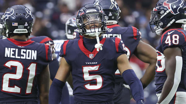 Oct 30, 2022; Houston, Texas, USA; Houston Texans safety Jalen Pitre (5) looks up after a play during the third quarter against the Tennessee Titans at NRG Stadium. Mandatory Credit: Troy Taormina-Imagn Images