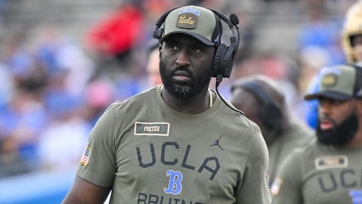 Nov 30, 2024; Pasadena, California, USA; UCLA Bruins head coach DeShaun Foster on the sidelines during the third quarter against the Fresno State Bulldogs at Rose Bowl. Mandatory Credit: Robert Hanashiro-Imagn Images